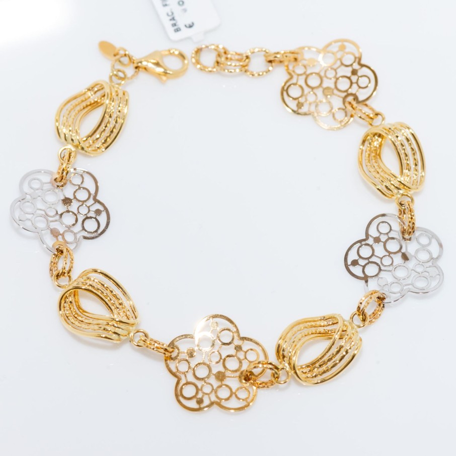 Gioielli Barron Gioielli Catena | Bracciale Fiori Bicolore In Oro Giallo E Bianco 18Kt